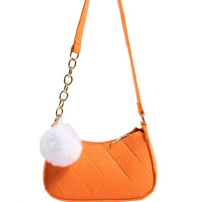 Women's Felt Solid Color Basic Fluff Ball Sewing Thread Dumpling Shape Zipper Shoulder Bag