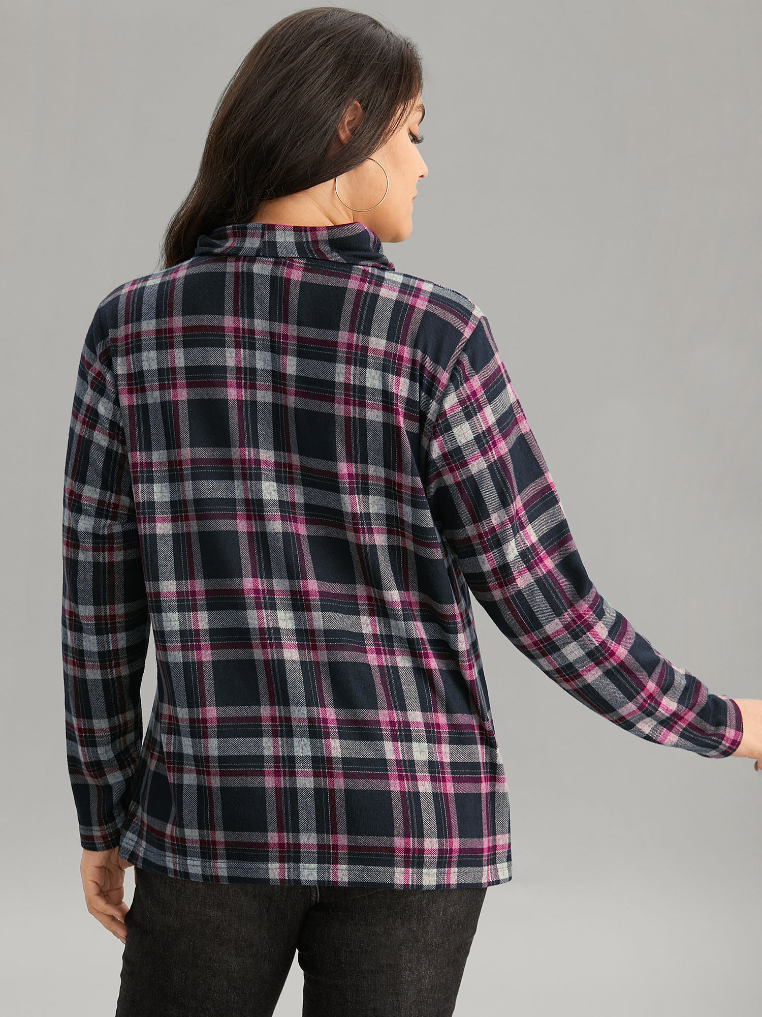 Plaid Funnel Neck Button Detail T-shirt