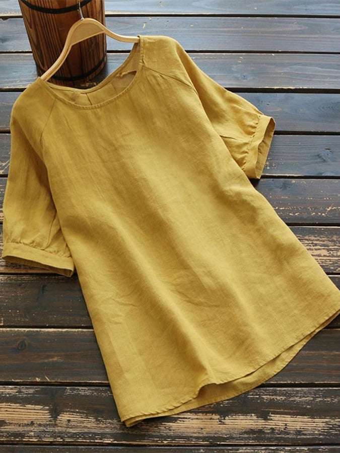 Women's Solid Color Patchwork Round Neck Cotton Linen T-shirt