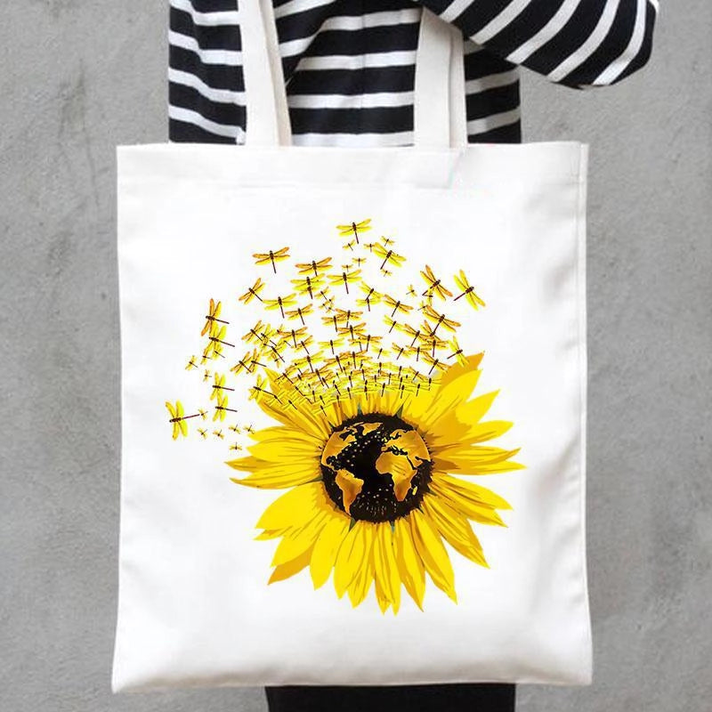 Women's Canvas Printing Heart Shape Butterfly Streetwear Square Open Canvas Bag