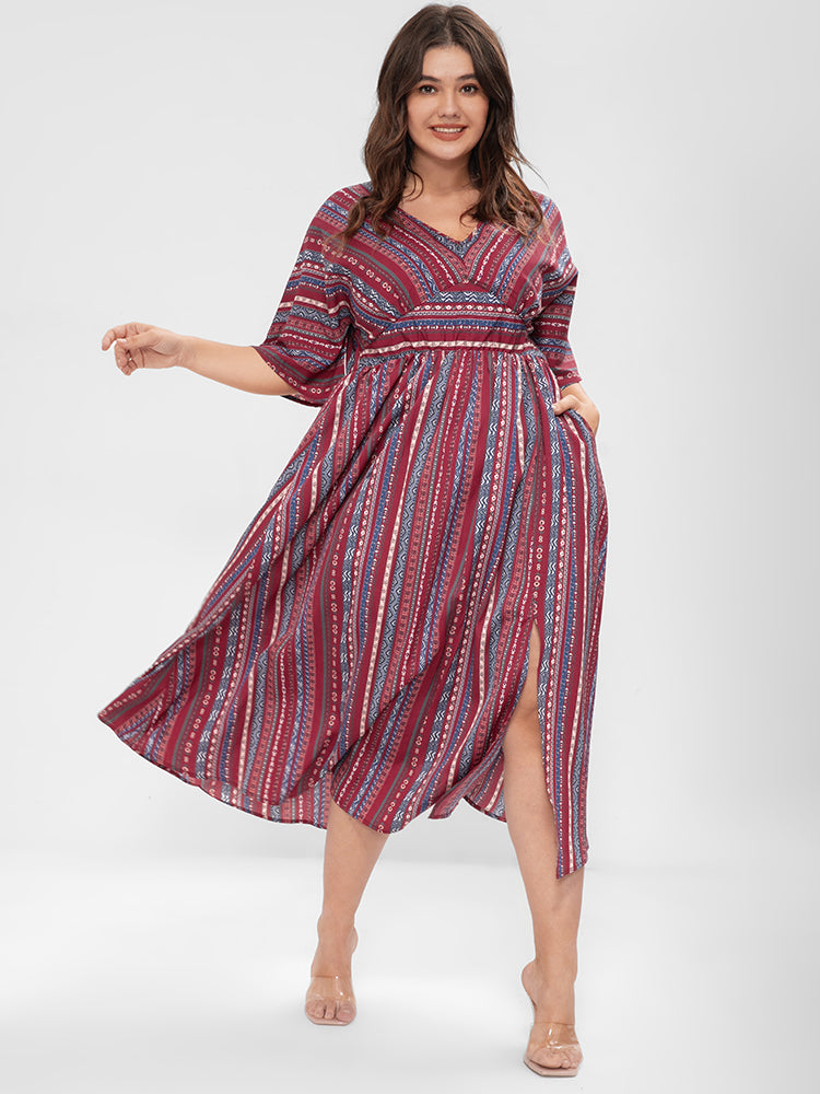 Geometric V Neck Pocket Split Maxi Dress