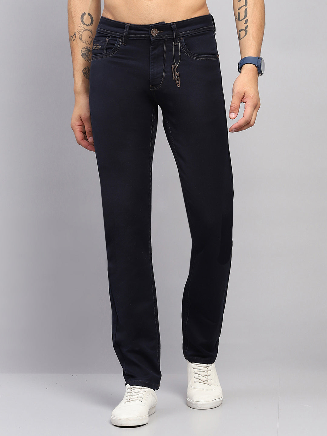 Men Navy Blue Solid Narrow Fit Denim