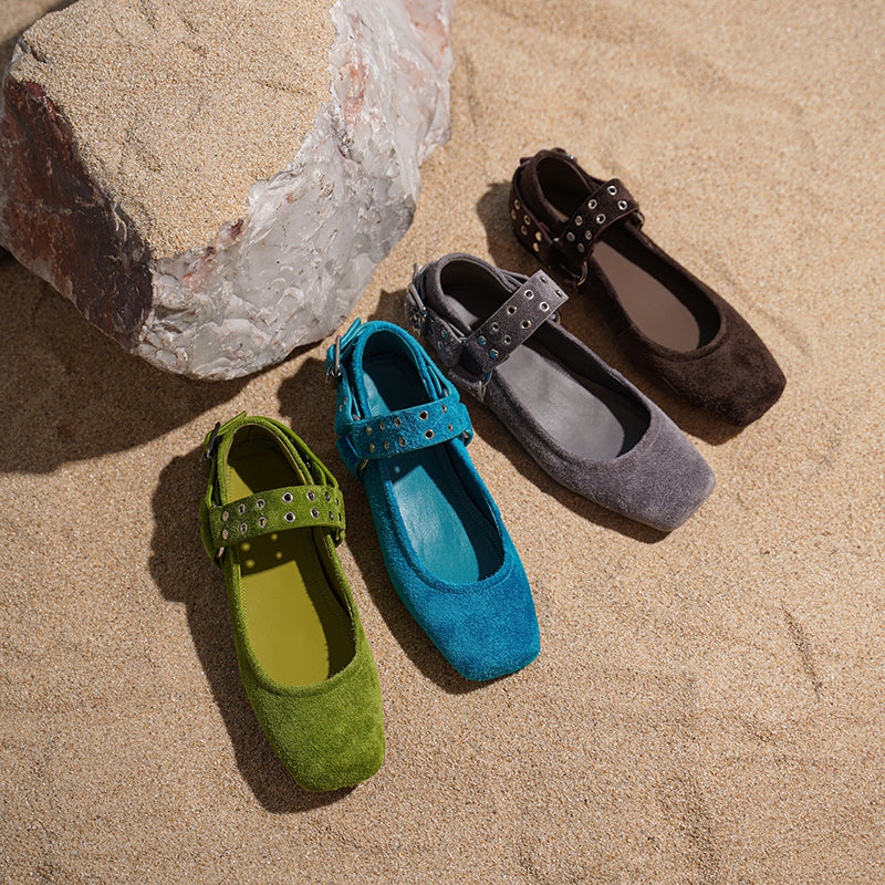 Women's Square Toe Leather Mary Jane Flats with Studded Strap Design in Green/Blue/Brown/Grey