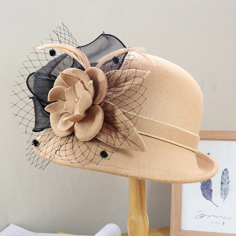 Autumn And Winter  Elegant Mesh Flower Felt Hat Women's Outdoor Warm Woolen Basin Hat Curled Top Hat