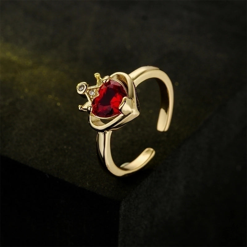 Personality Crown Love Zircon Ring Copper Plated Gold Opening Adjustable Ring