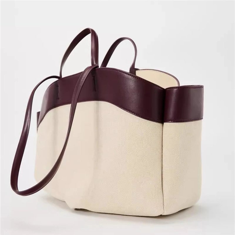 Women's Large Canvas Color Block Vintage Style Classic Style Bucket Open Tote Bag