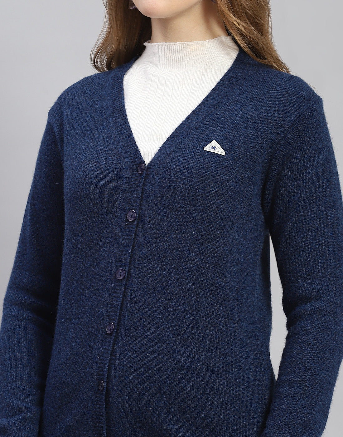 Women Navy Blue Solid V Neck Full Sleeve Cardigan