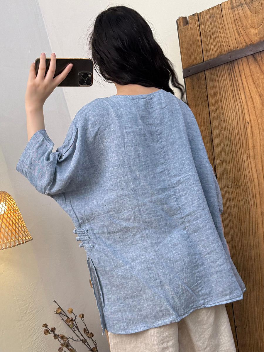 Women Summer Vintage Pure Color O-Neck Hemp Shirt