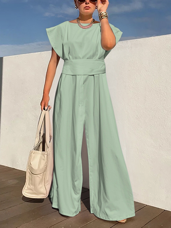 Loose Raglan Sleeve Pleated Solid Color Split-Joint Zipper Round-Neck Jumpsuits
