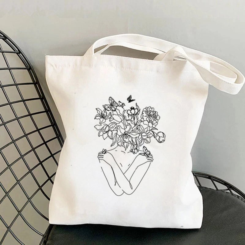 Women's Large Canvas Portrait Letter Flower Streetwear Square Open Shoulder Bag