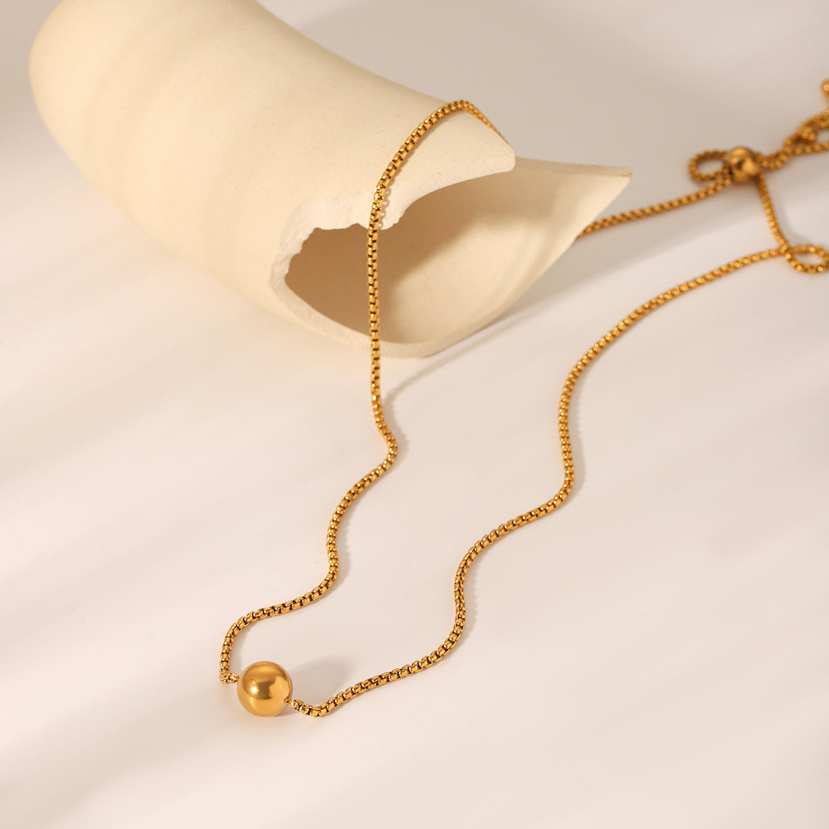18K Gold Stainless Steel Box Chain Steel Bead Pendant Necklace Ins Style Niche Design Pull-Out Clavicle Chain