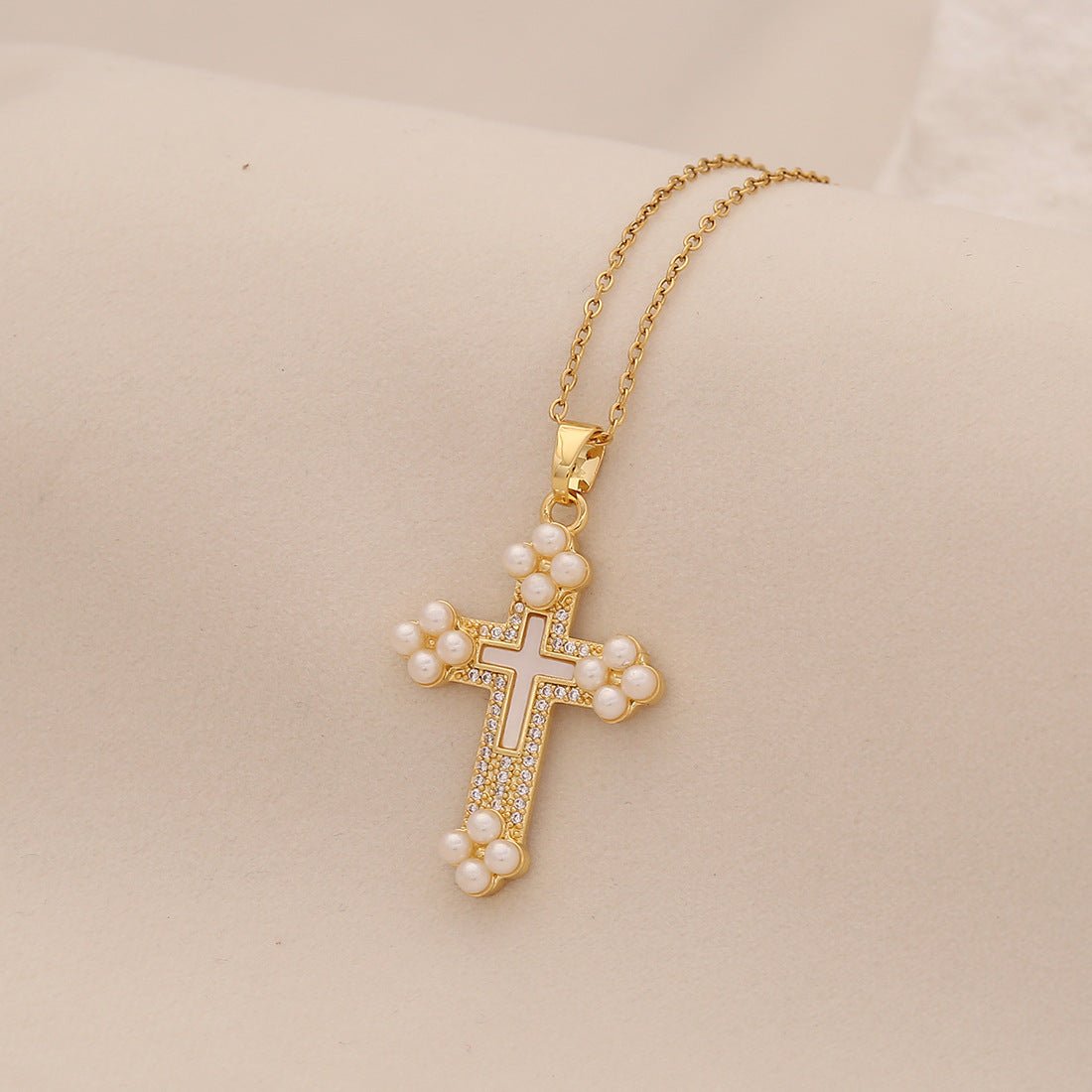 Pearl Cross Pendant Necklace Personalized Stainless Steel Clavicle Chain Trendy Necklace N1527