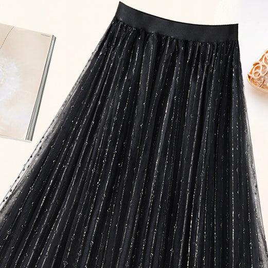 Fashion Black Elastic Waist tulle Pleated Skirt Summer