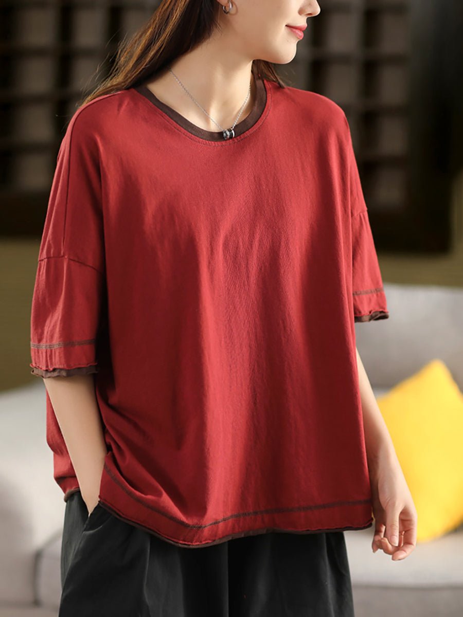 Women Summer Colorblock O-Neck 100%Cotton Shirt