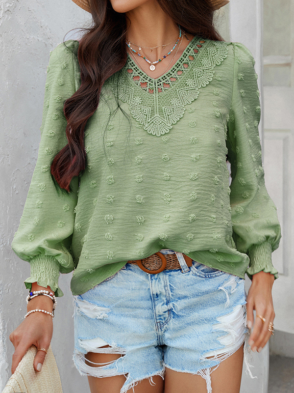 Long Sleeves Loose Elasticity Hollow Jacquard Solid Color V-Neck Blouses&Shirts Tops