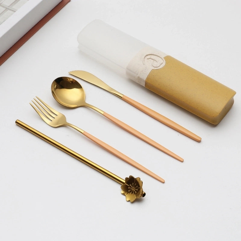 Retro Pastoral Color Block Stainless Steel Spoon Fruit Knife Fruit Fork 1 Set