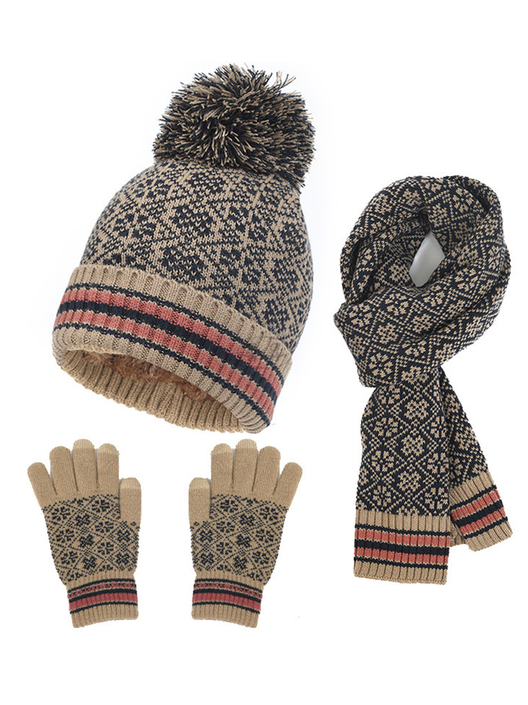 Jacquard Knit Hat Gloves Scarf Three-Piece Set