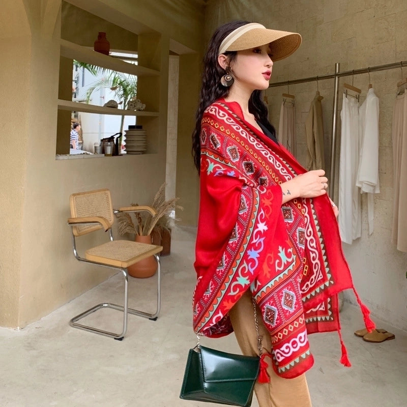 Ethnic Style Shawl Scarf Dual-use Sun Protection By The Sea Beach Scarf Red Large Gauze Scarf Female Desert Travel Photography Summer