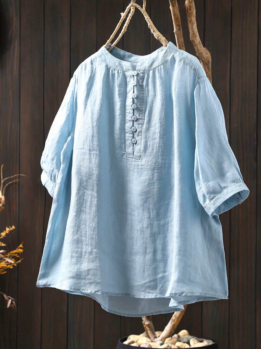 Women Summer Pure Color Stand Collar 100%Ramie Shirt