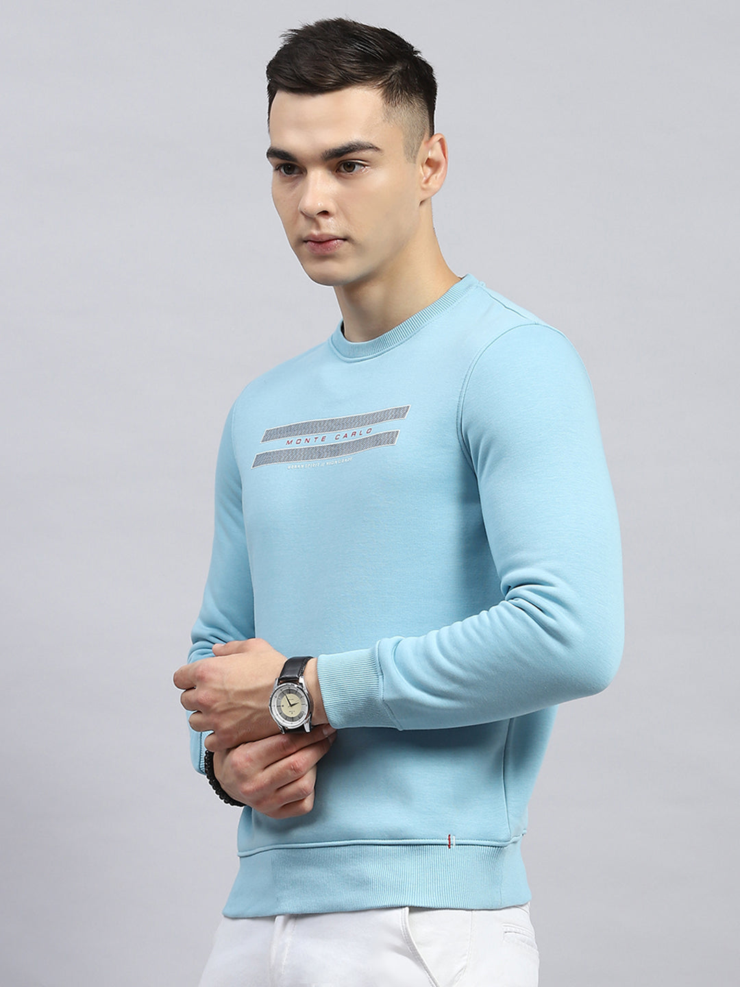 Men Sky Blue Printed Round Neck Full Sleeve Sweatshirt