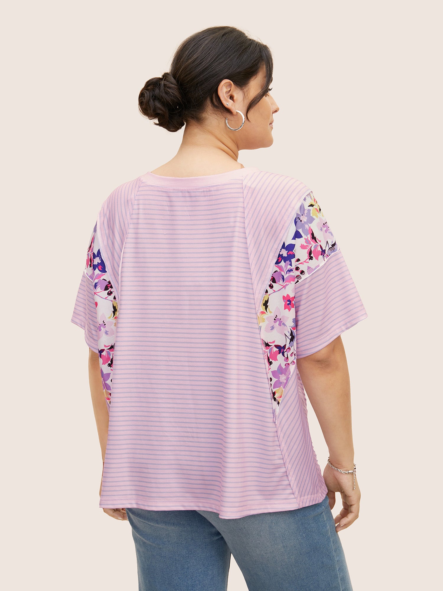 Crew Neck Striped Patchwork Floral Print T-shirt