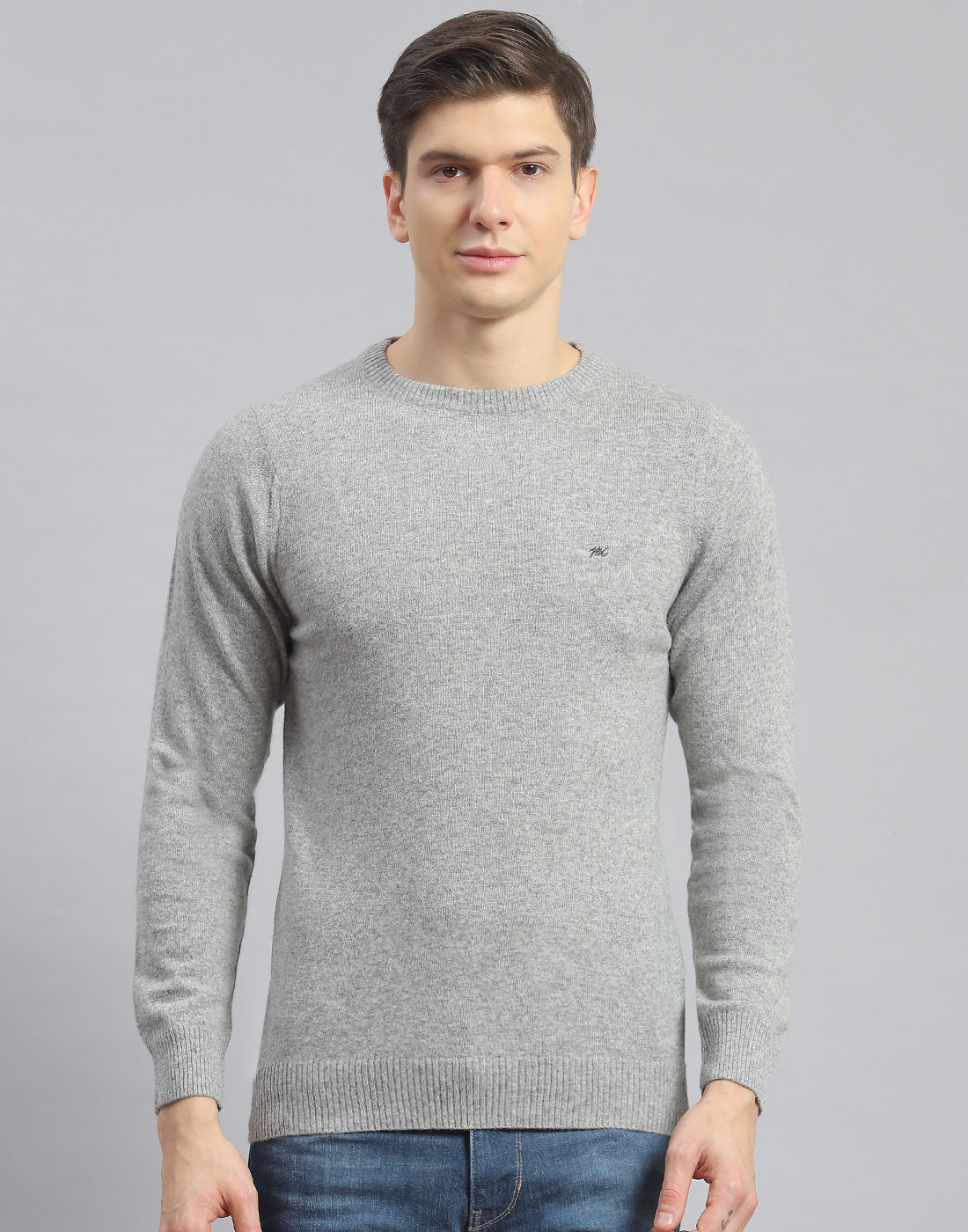 Men Grey Solid Round Neck Full Sleeve Pullover