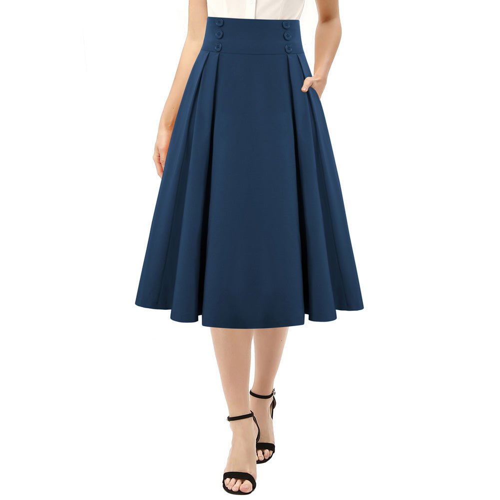 Leaf Patterns Pleated Buttons Decorated Elastic Waist High Waist Swing A-Line Skirt with Pockets