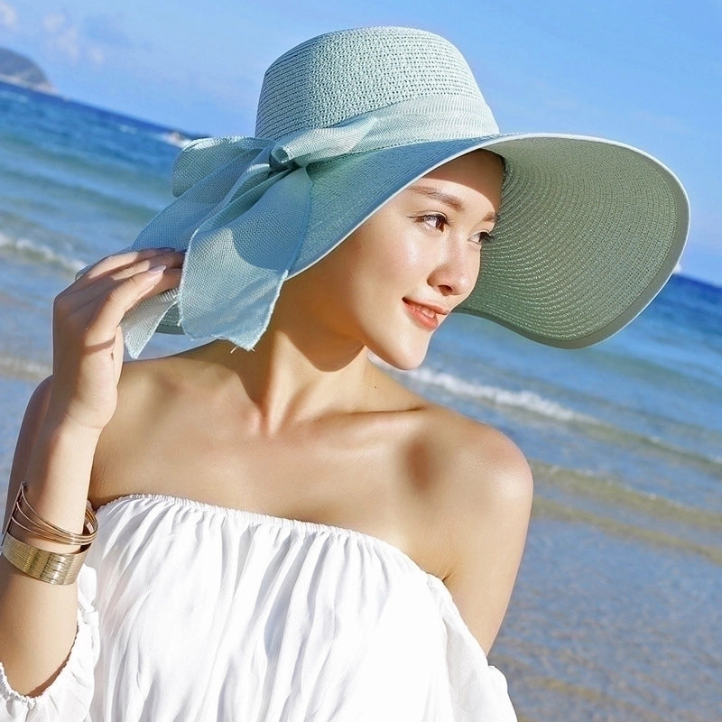 Women's Basic Solid Color Bowknot Flat Eaves Sun Hat
