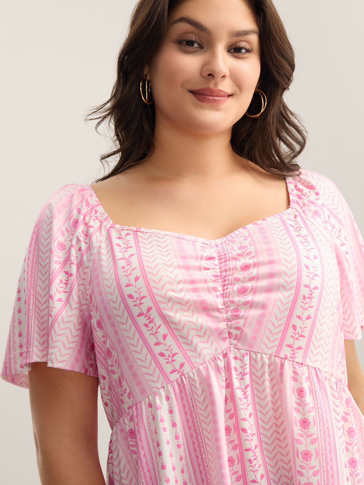 Floral Stripes Pleated Sweetheart Neck Top