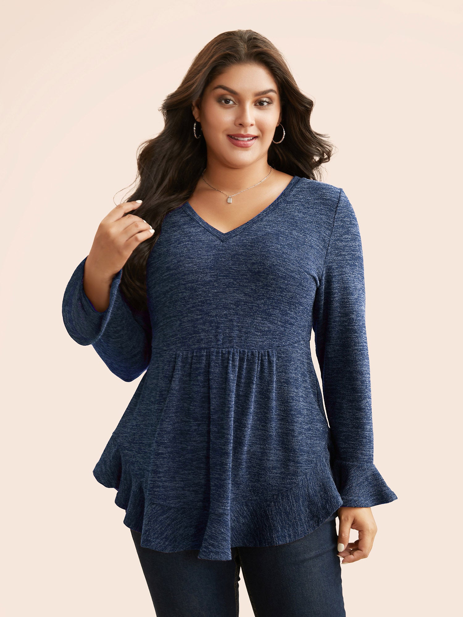 Heather Ruffle Sleeve Arc Hem Jersey Top