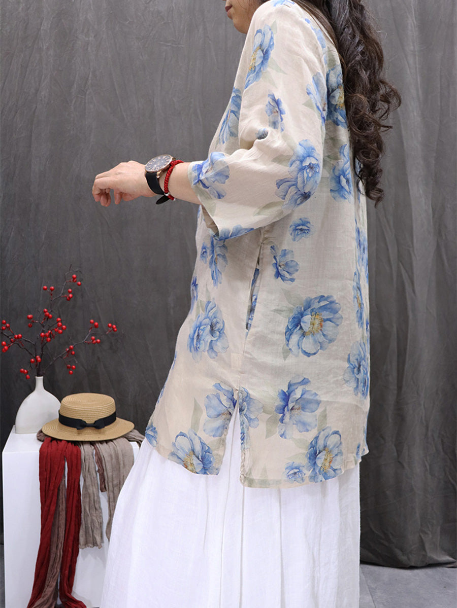 Women Summer Vintage Flower V-Neck 100%Ramie Shirt
