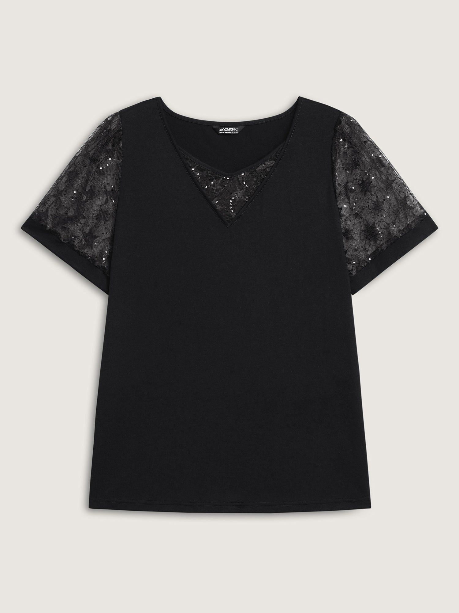 Beaded Mesh Sheer Patchwork T-Shirt