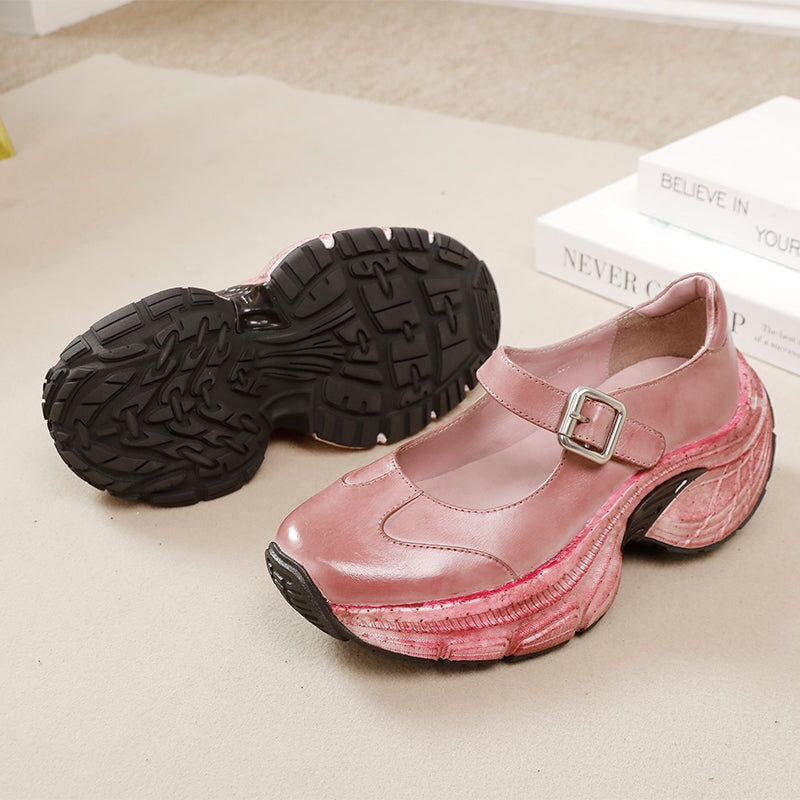 Chunky Platform Water Washed Cow Leather Mary Jane Shoes with Buckle Strap in Light Grey/Pink Purple