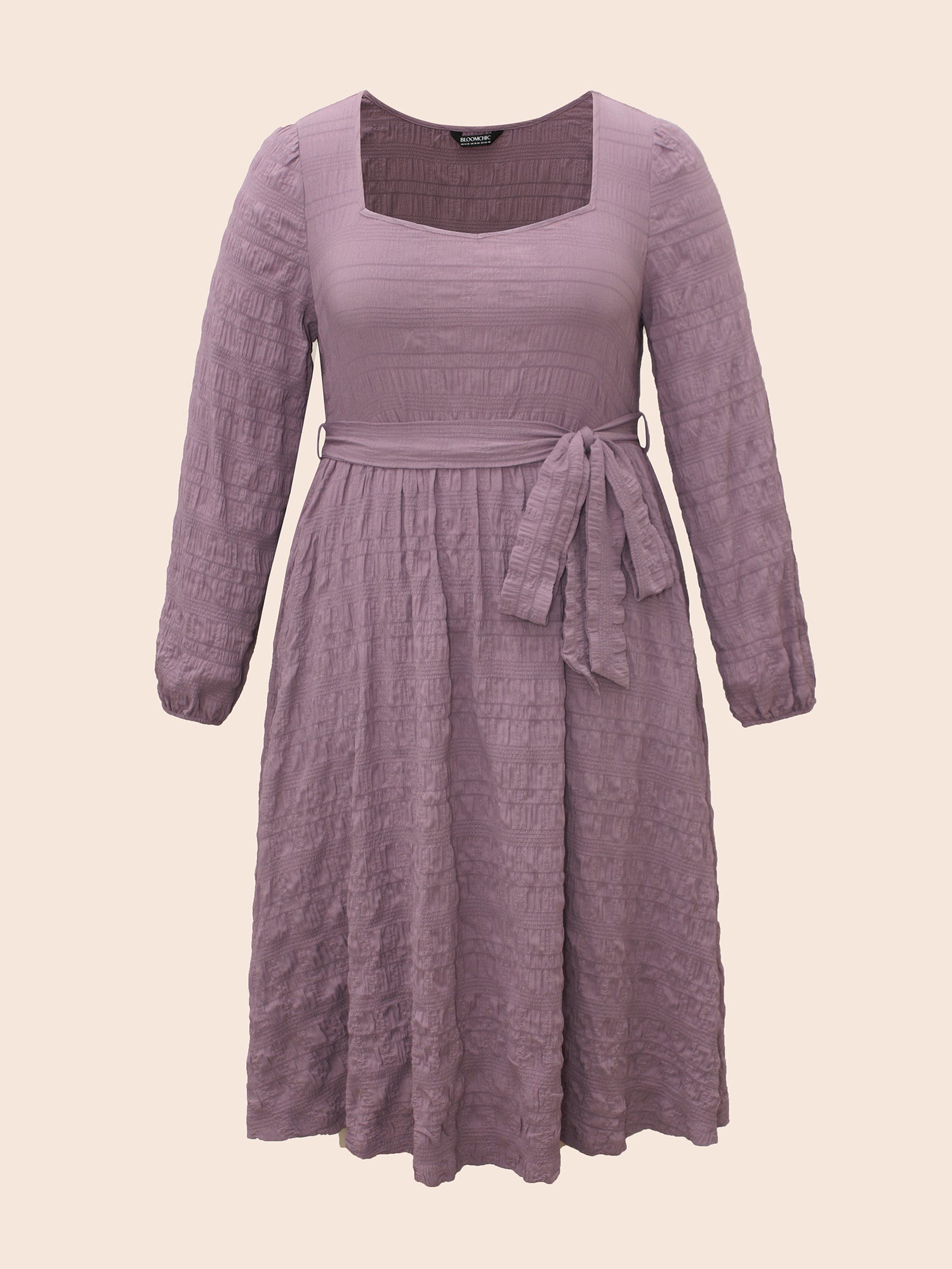 Square Neck Plain Textured Belted Dress