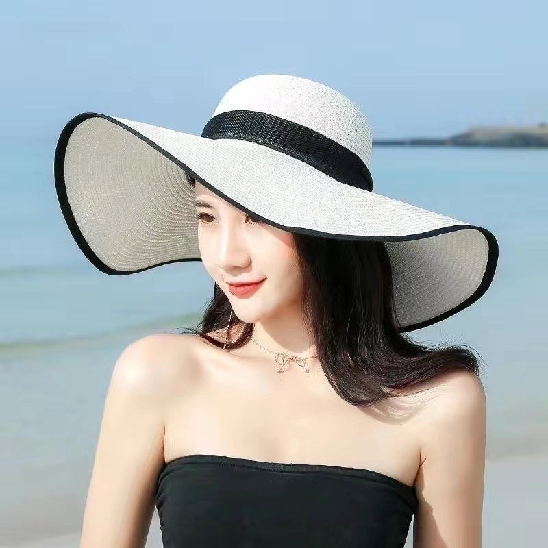 Women's Minimalist Classic Style Color Block Big Eaves Straw Hat