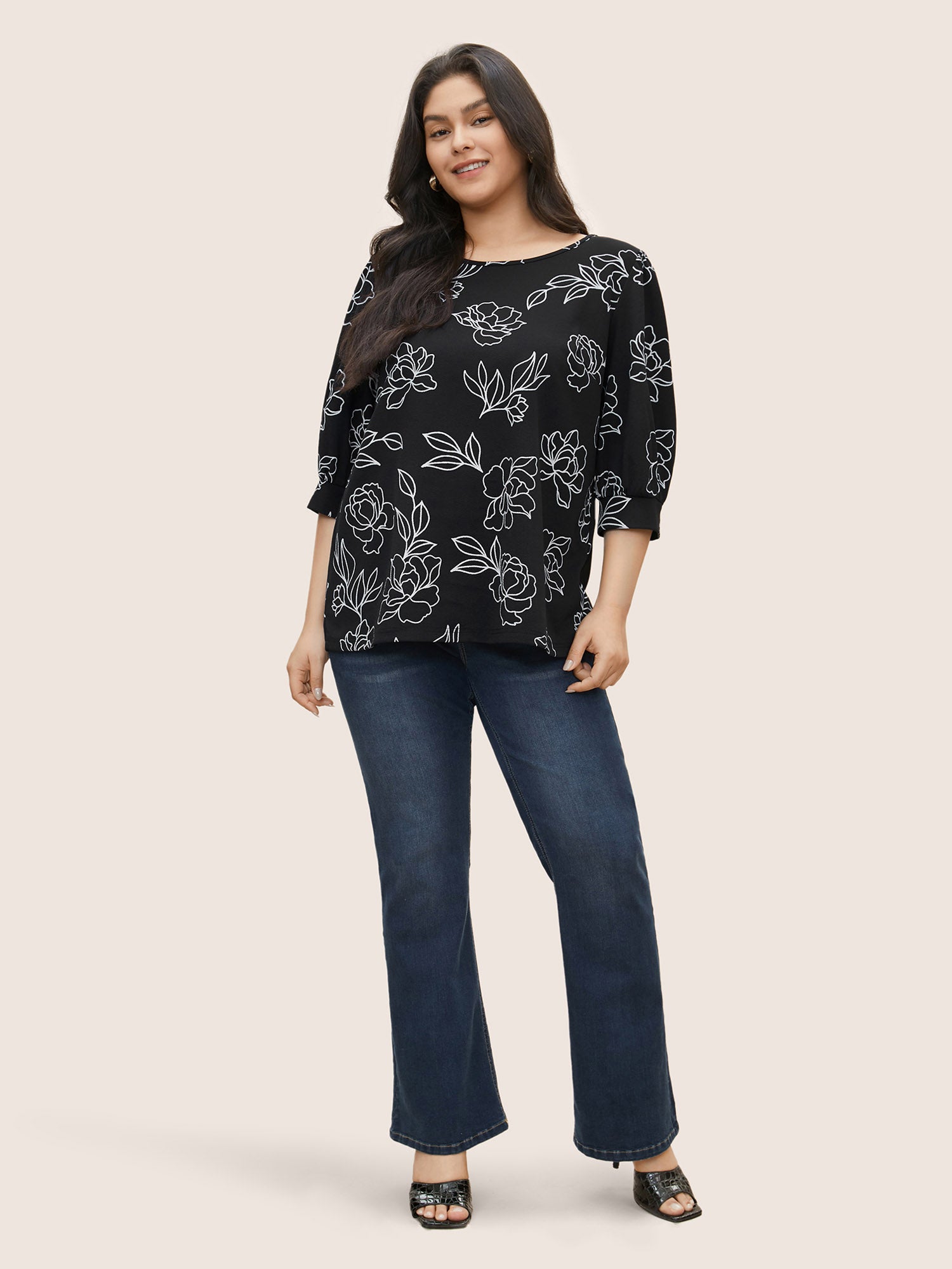 Floral Print Crew Neck Lantern Sleeve T-shirt