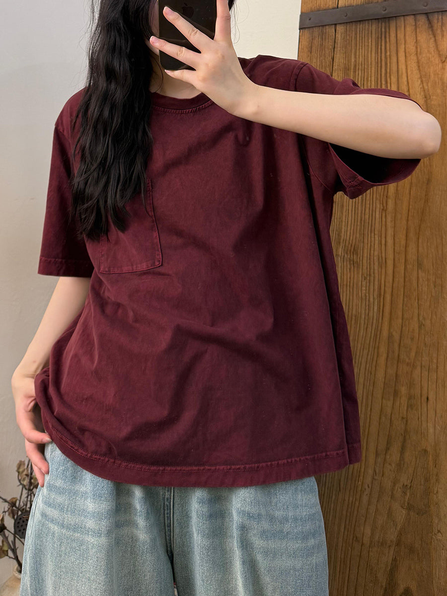 Women Summer Retro Pure Color Cotton O-Neck Shirt