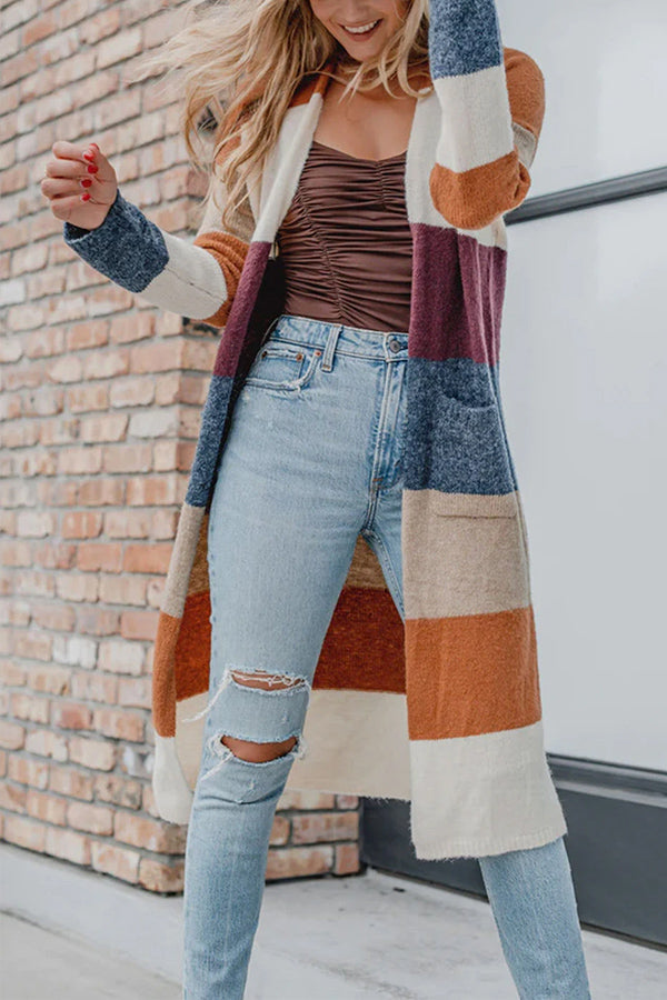 Multicolor Knitted Color Block Open Front Long Cardigan