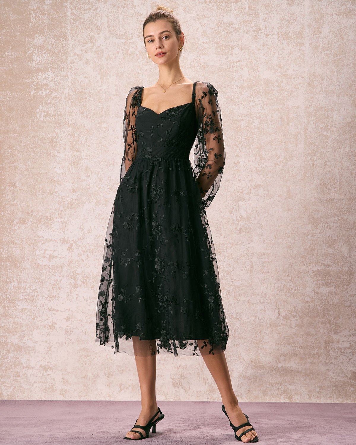 The Black Sweetheart Neck Mesh Midi Dress