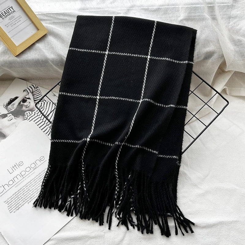 Unisex Casual Minimalist Lattice Imitation Cashmere Tassel Scarf