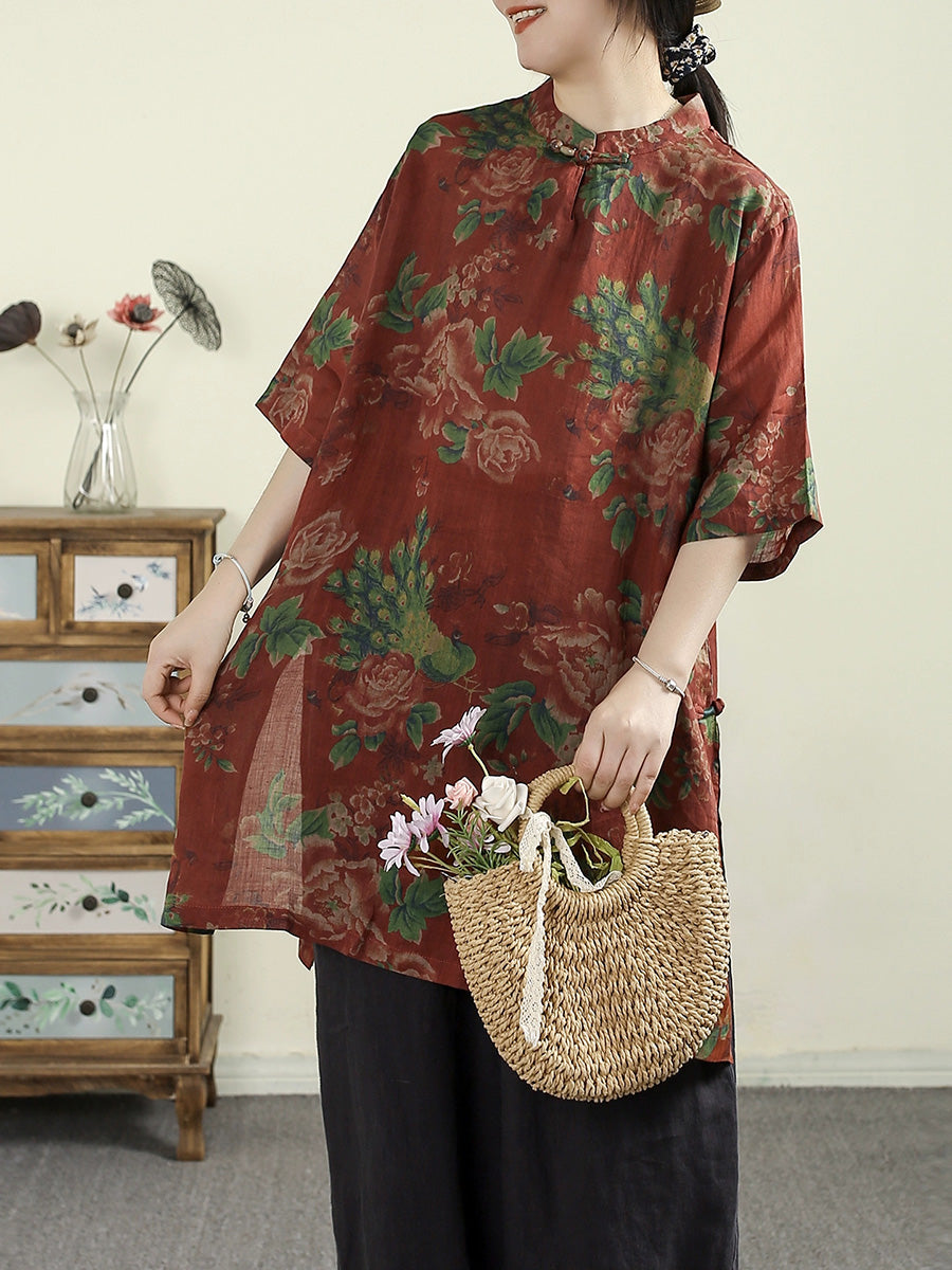 Women Summer Vintage Flower Stand Collar 100%Ramie Shirt