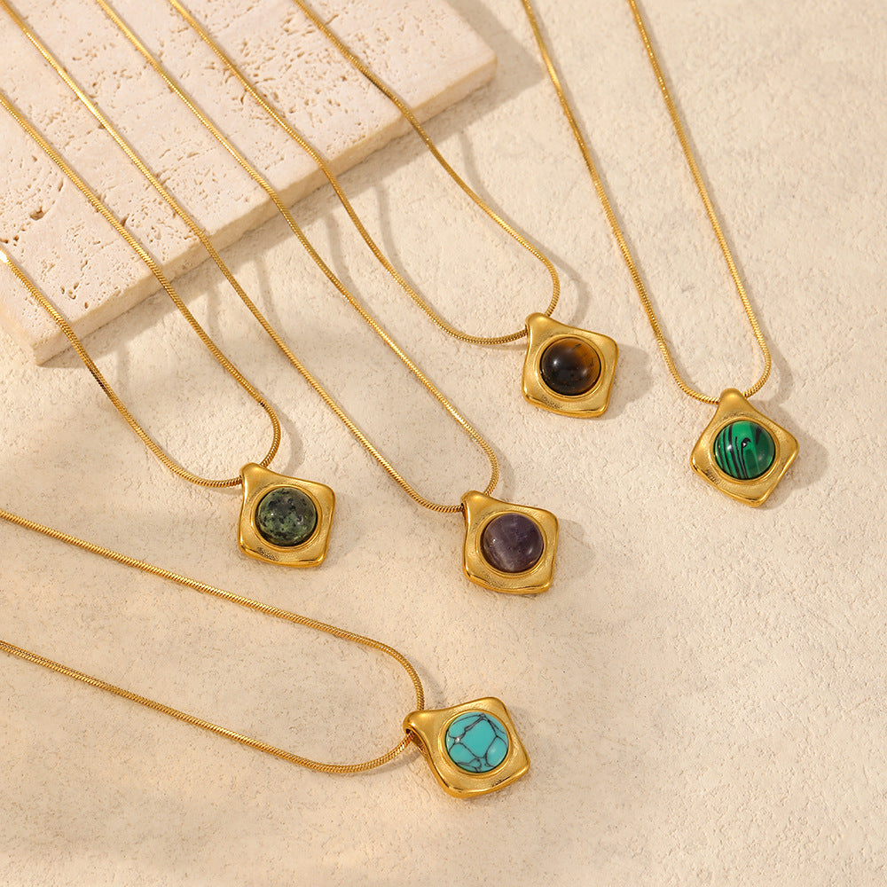 French Retro Style Tiger Eye Turquoise Natural Stone Pendant Necklace Stainless Steel 18K Gold Plated Clavicle Chain