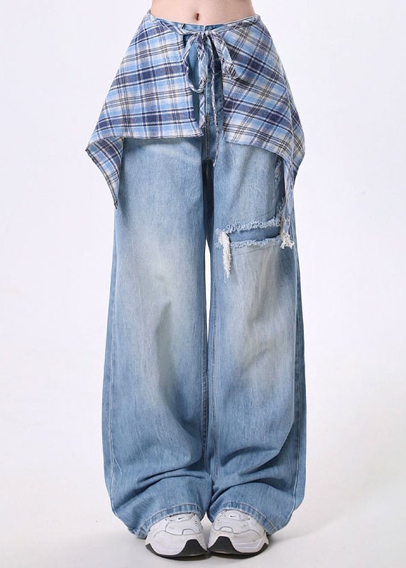 Trendy High Street Detachable Skirt Design Denim Wide Leg Pants Spring