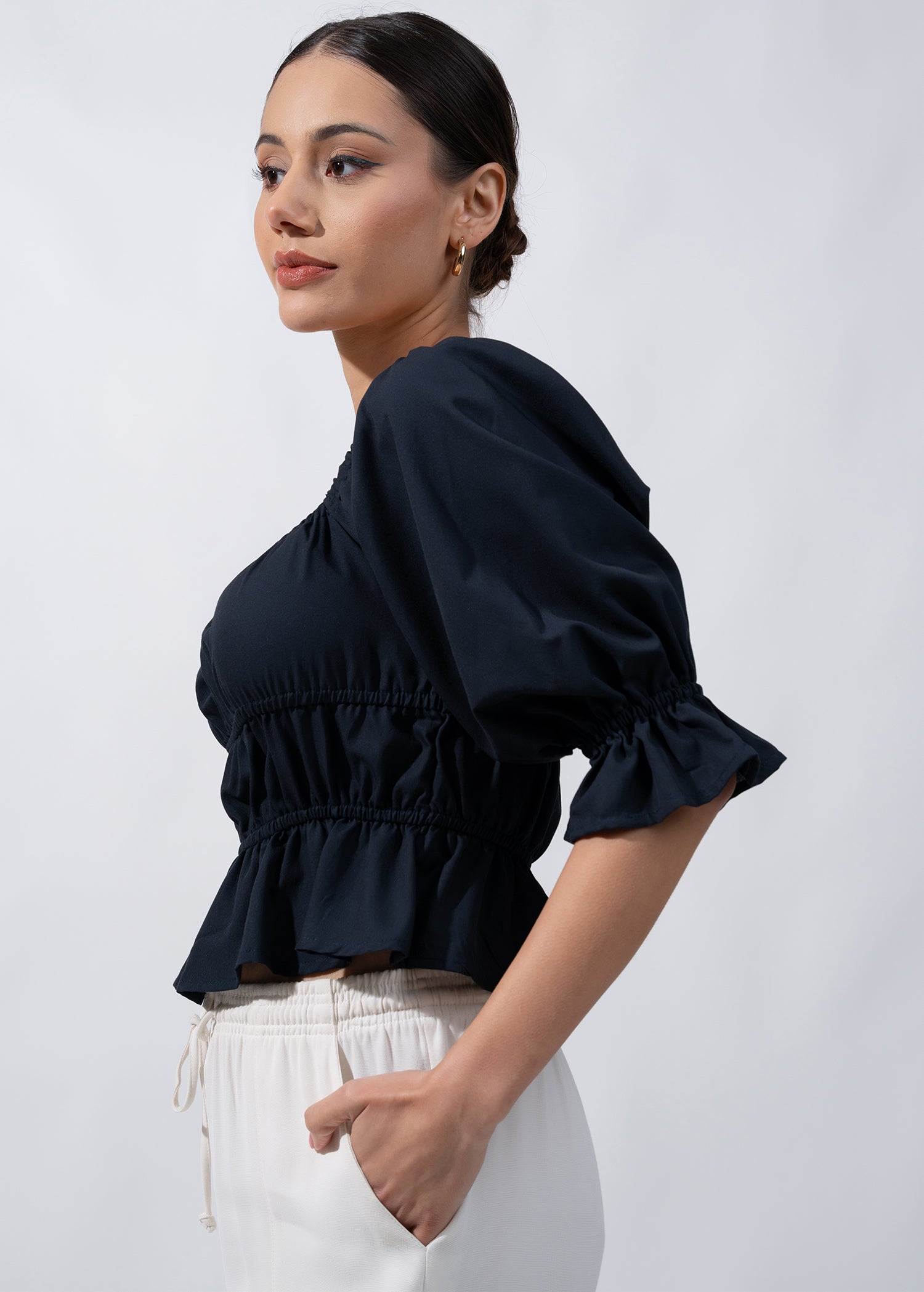 Ruching Detailed Crop Top With Wide Neck Line