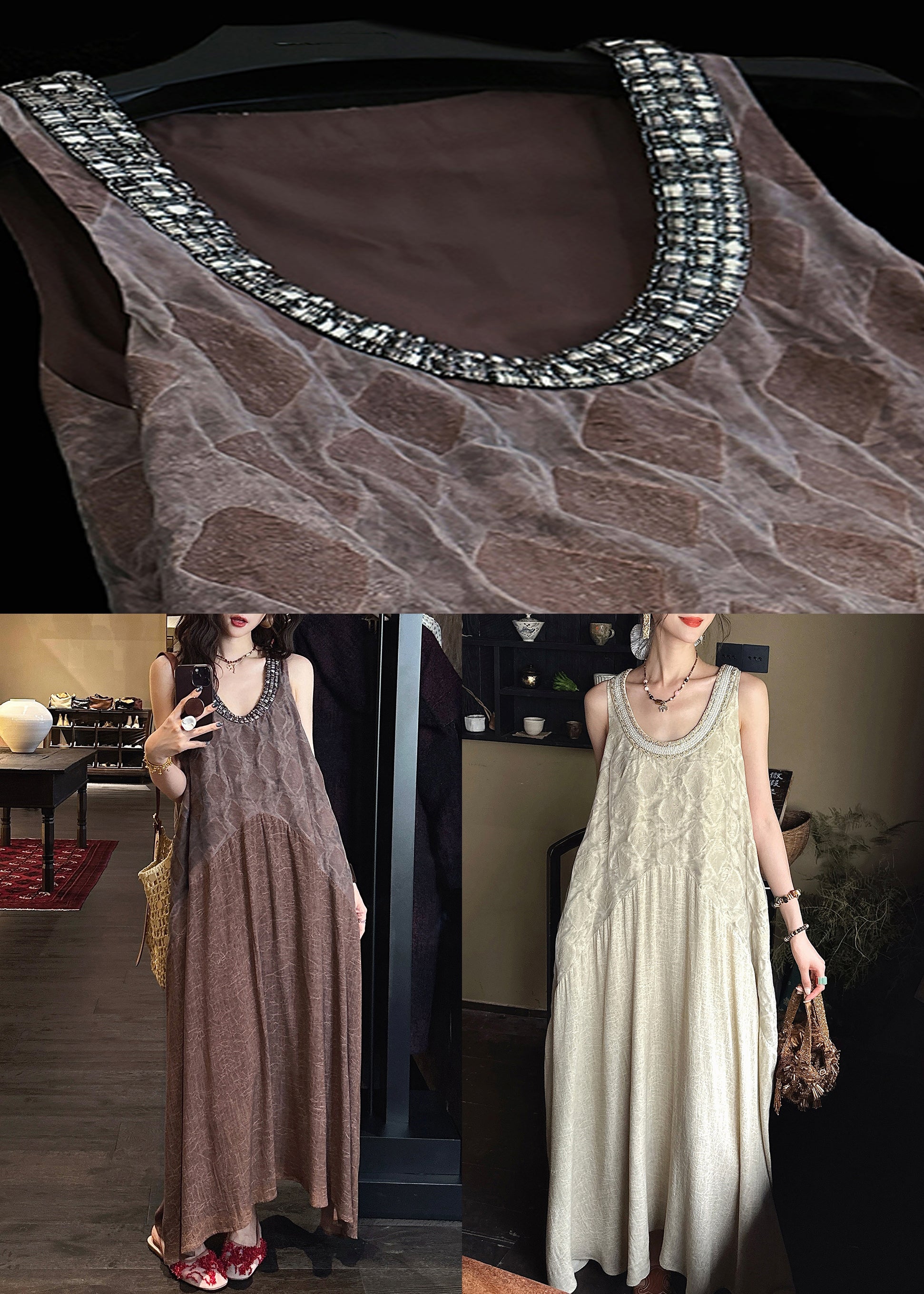 Coffee Tulle Patchwork Cotton Long Dresses O Neck Summer