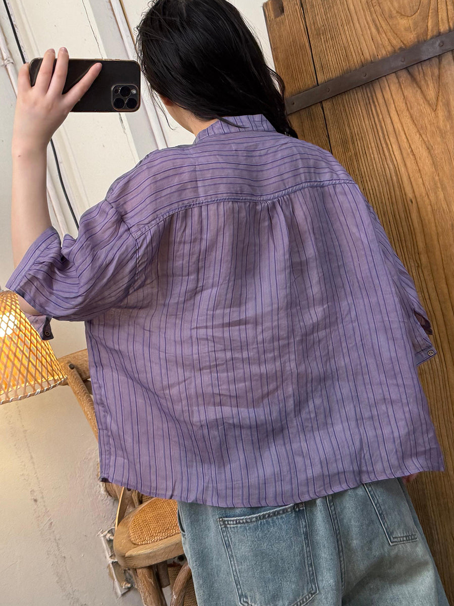 Women Summer Artsy Stripe Ramie Stand Collar Shirt