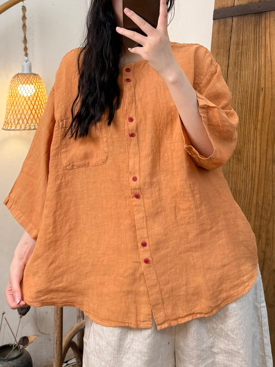 Women Summer Artsy Pure Color O-Neck 100%Linen Shirt