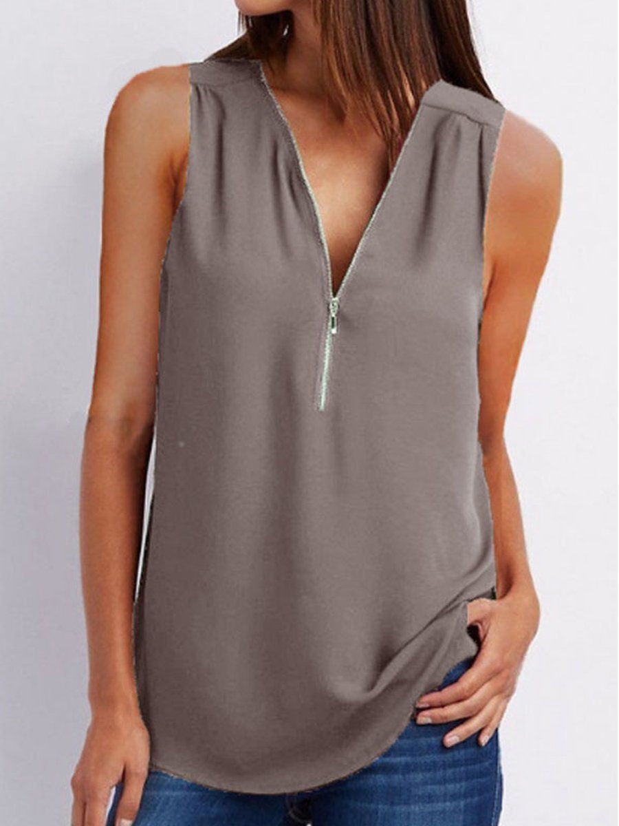 V-Neck  Zips  Plain  Sleeveless Tops