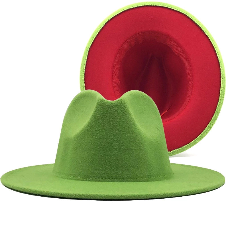 Hot Sale Wool Top Hat Outside Fruit Green Inside Red Hat Ethnic Style Jazz Hat Cashmere Felt Hat