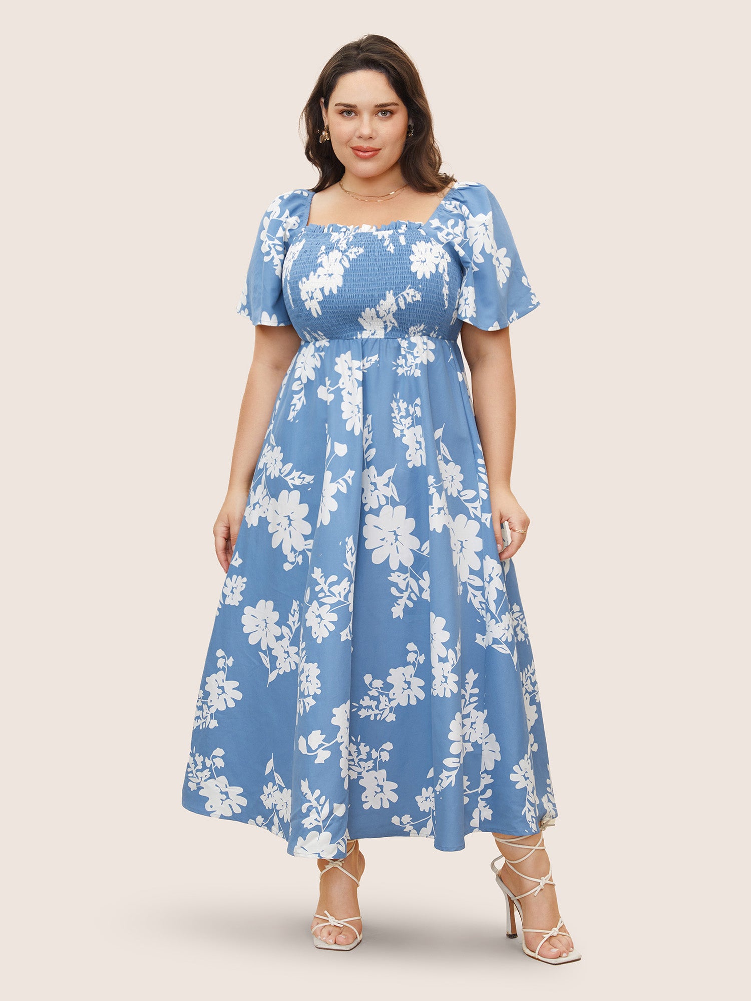 Silhouette Floral Print Shirred Square Neck Dress